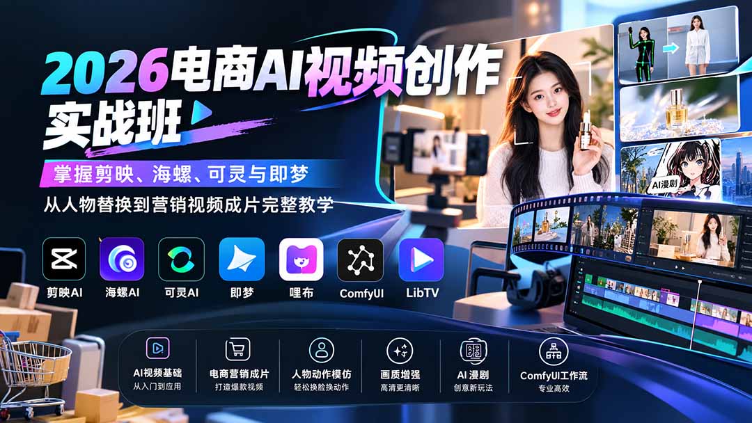 （20466期）2026电商AI视频创作实战班：掌握剪映、海螺、可灵与即梦，从人物替换到营销视频成片完整教学-九节课