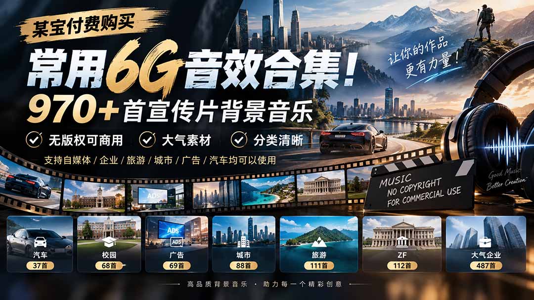 （20603期）某宝付费购买，常用6G音效合集！970+首宣传片背景音乐，无版权可商用大气素材，分类清晰-九节课