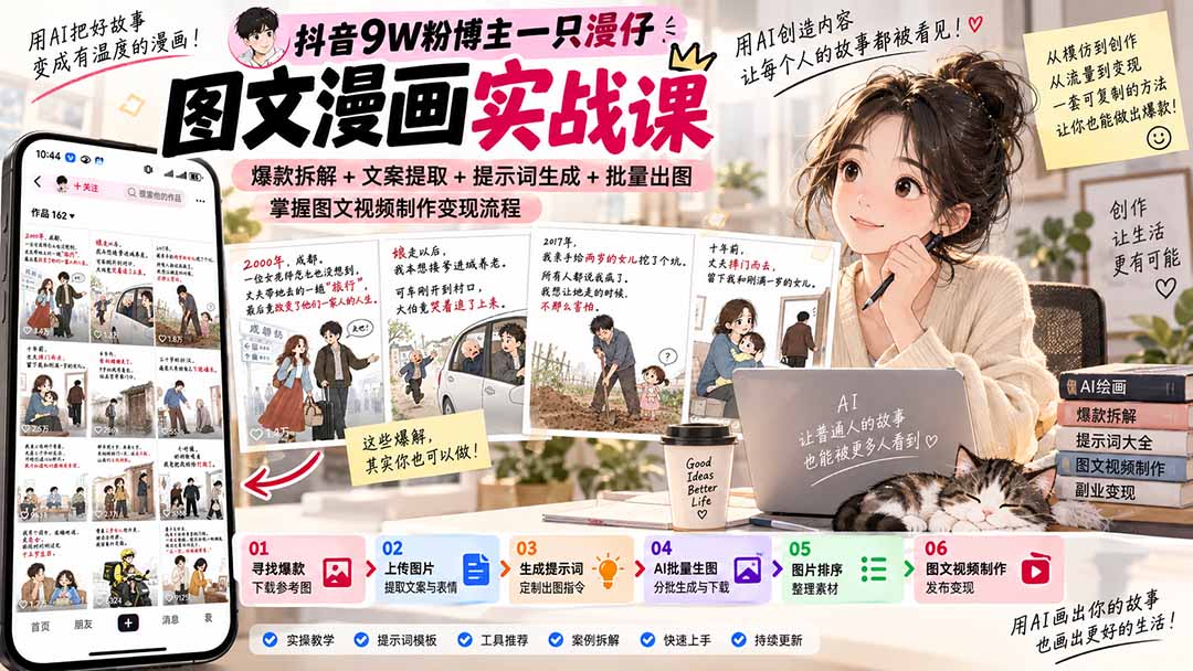 （20584期）抖音9W粉博主一只漫仔图文漫画课：爆款拆解+文案提取+提示词生成+批量出图，掌握图文视频制作变现流程-九节课