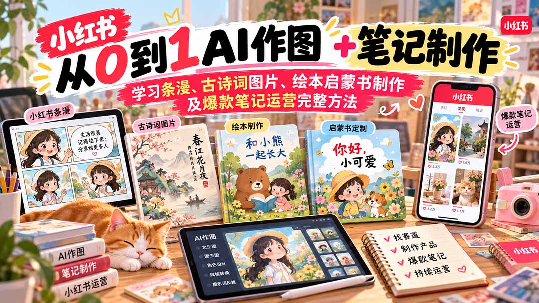 （20655期）2026小红书AI内容创作从0到1：学习条漫、古诗词图片、绘本启蒙书制作及爆款笔记运营完整方法-九节课
