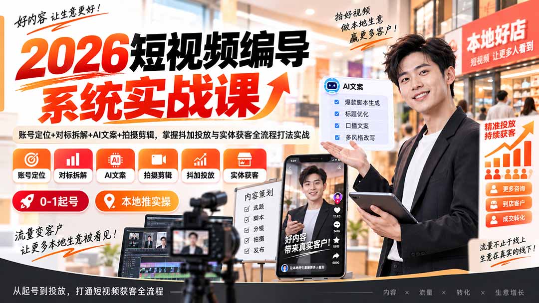 （20305期）2026短视频编导系统实战课：账号定位+对标拆解+AI文案+拍摄剪辑，掌握抖加投放与实体获客全流程打法实战-九节课