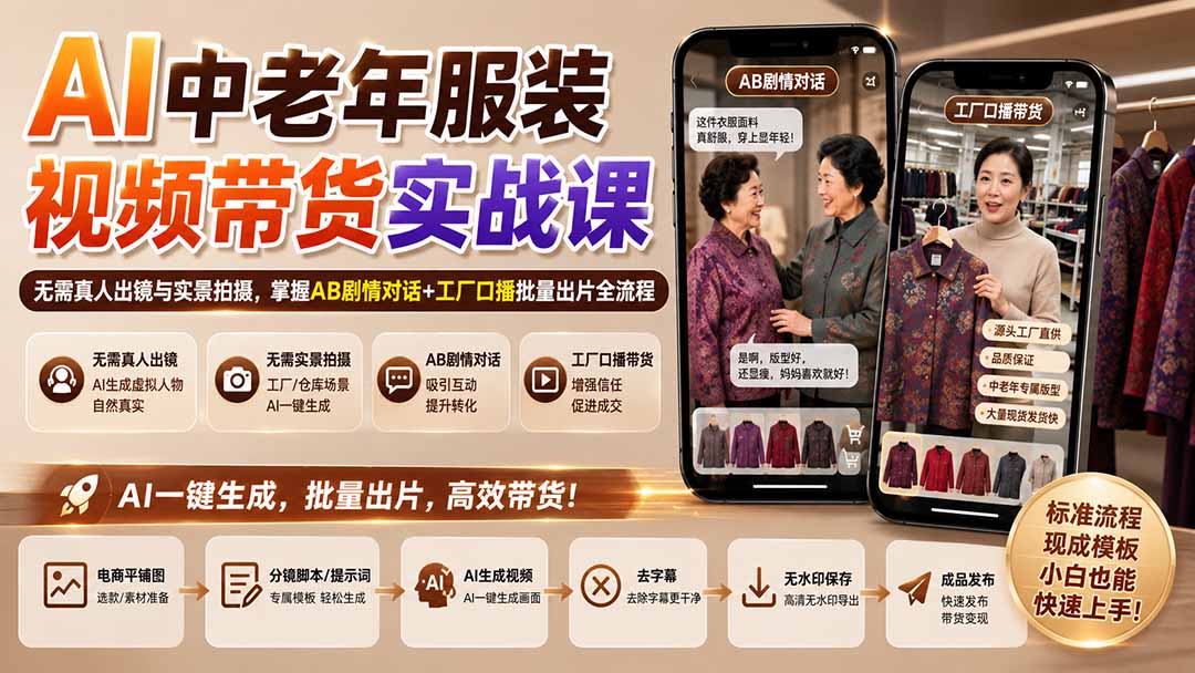（20198期）AI中老年服装视频带货实战课：无需真人出镜与实景拍摄，掌握AB剧情对话+工厂口播批量出片全流程-九节课