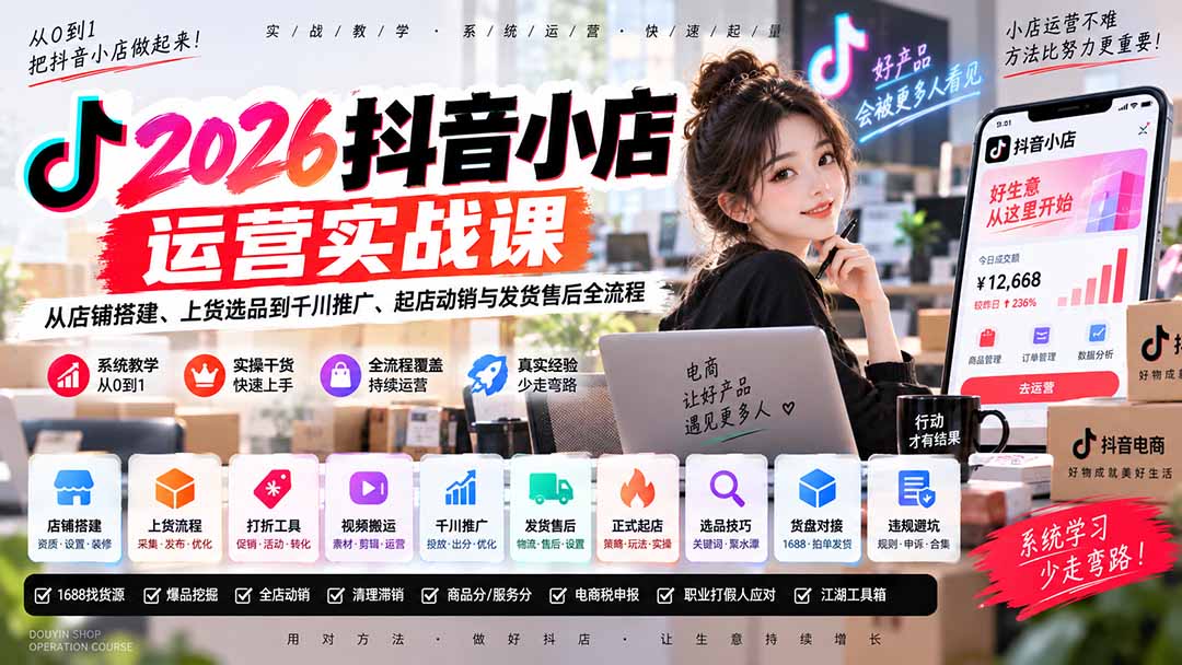 （20568期）2026抖音小店运营实战课｜从店铺搭建、上货选品到千川推广、起店动销与发货售后全流程-九节课