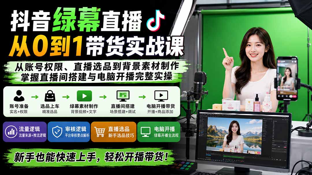 （20224期）抖音绿幕直播从0到1带货实战课：从账号权限、直播选品到背景素材制作，掌握直播间搭建与电脑开播完整实操-九节课