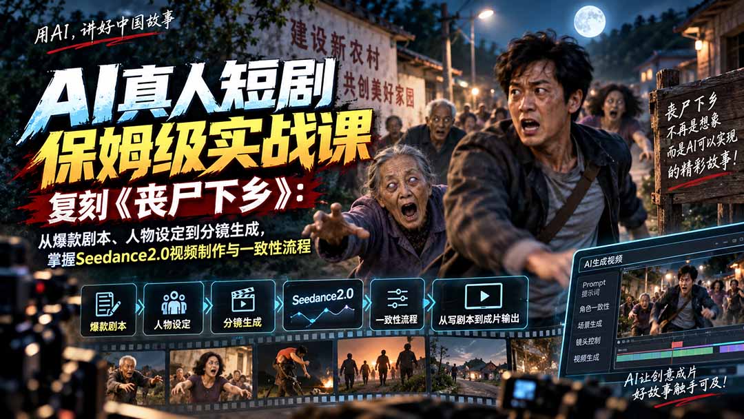 （20359期）AI真人短剧保姆级实战课，复刻《丧尸下乡》：从爆款剧本、人物设定到分镜生成，掌握Seedance2.0视频制作与一致性流程-九节课