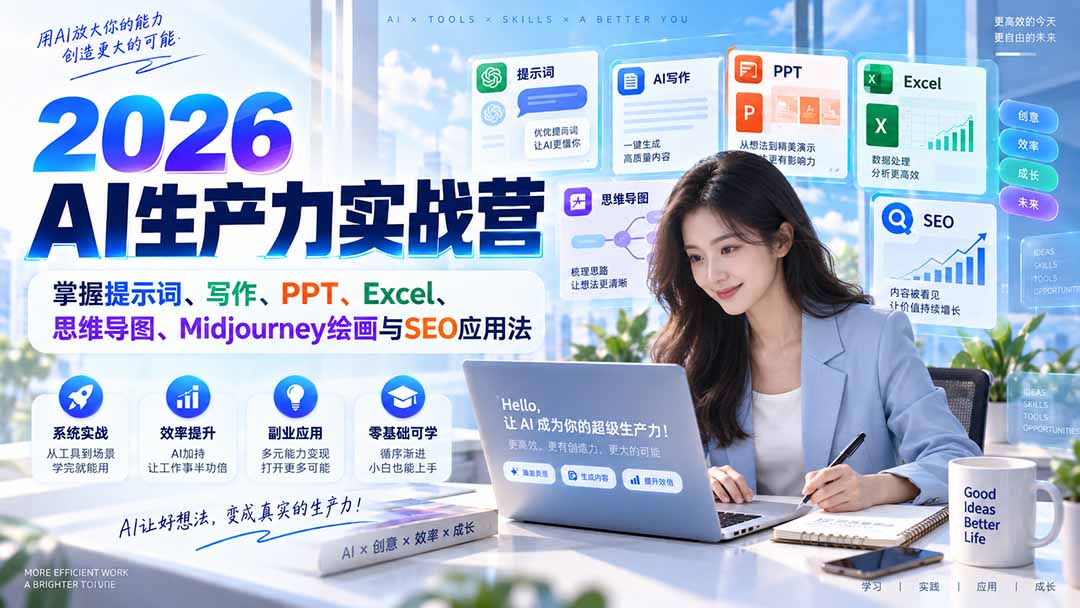（20307期）2026AI生产力实战营：掌握提示词、写作、PPT、Excel、思维导图、Midjourney绘画与SEO应用法-九节课
