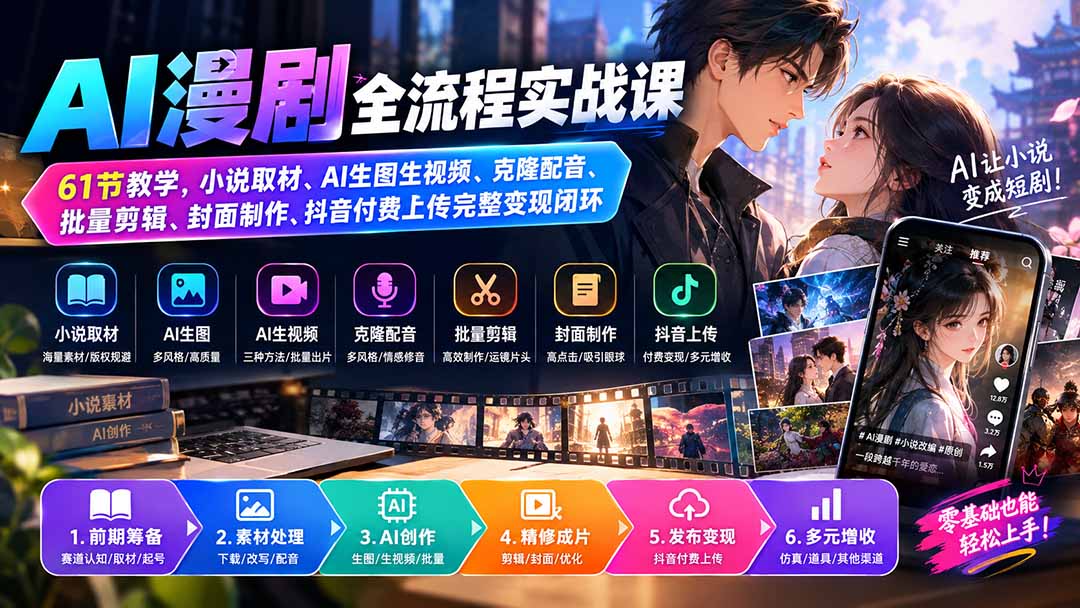 （20199期）AI漫剧全流程实战课｜61节教学，小说取材、AI生图生视频、克隆配音、批量剪辑、封面制作、抖音付费上传完整变现闭环-九节课