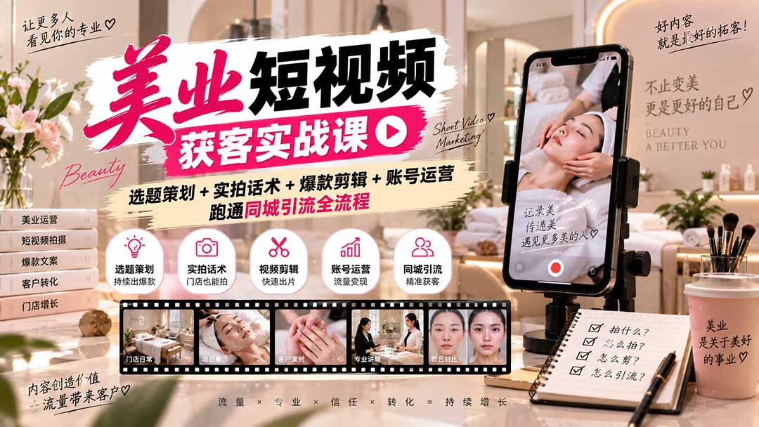 （20586期）美业短视频获客实战课-无水印：选题策划+实拍话术+爆款剪辑+账号运营，跑通同城引流全流程-九节课