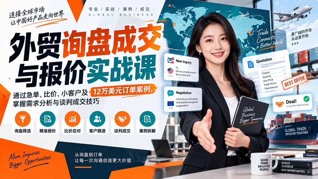 （20424期）外贸询盘成交与报价实战课：通过急单、比价、小客户及12万美元订单案例，掌握需求分析与谈判成交技巧-九节课