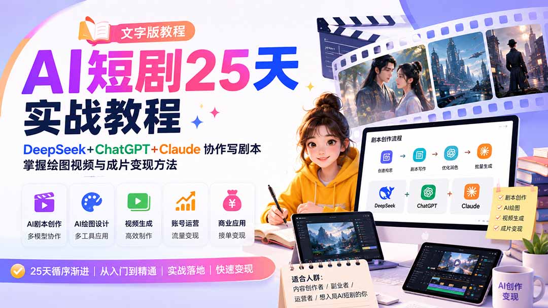 （20225期）AI短剧25天实战教程（文字版教程）：DeepSeek+ChatGPT+Claude协作写剧本，掌握绘图视频与成片变现方法-九节课