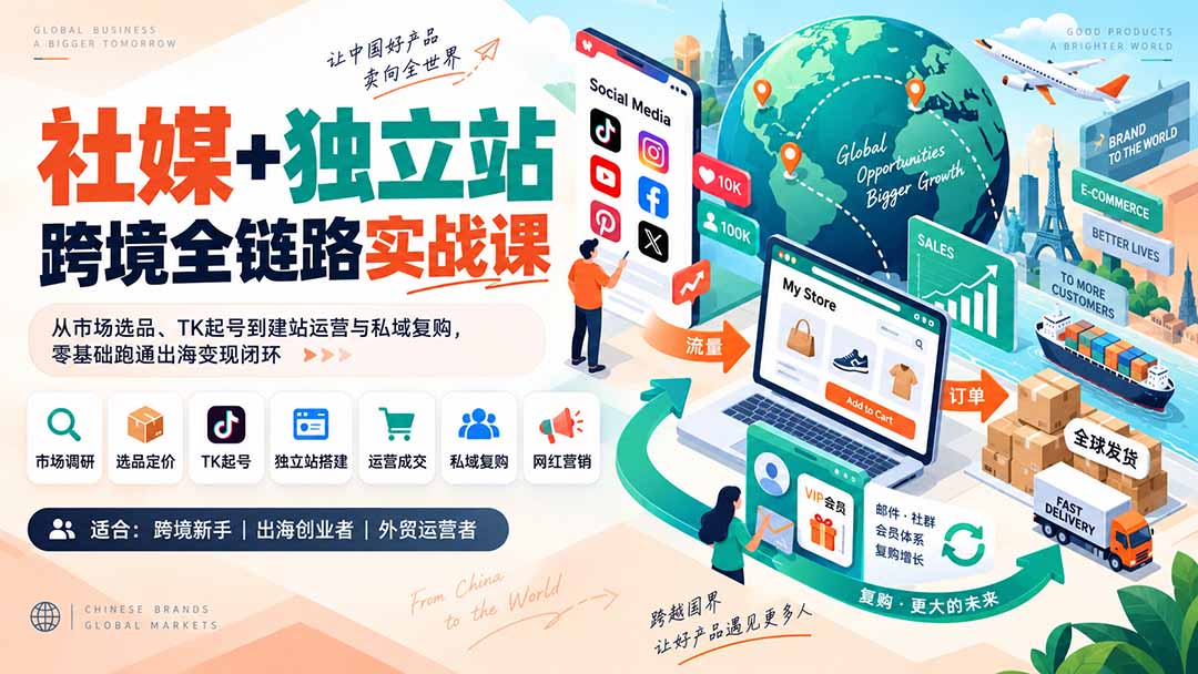 （20361期）社媒+独立站跨境全链路实战课：从市场选品、TK起号到建站运营与私域复购，零基础跑通出海变现闭环-九节课
