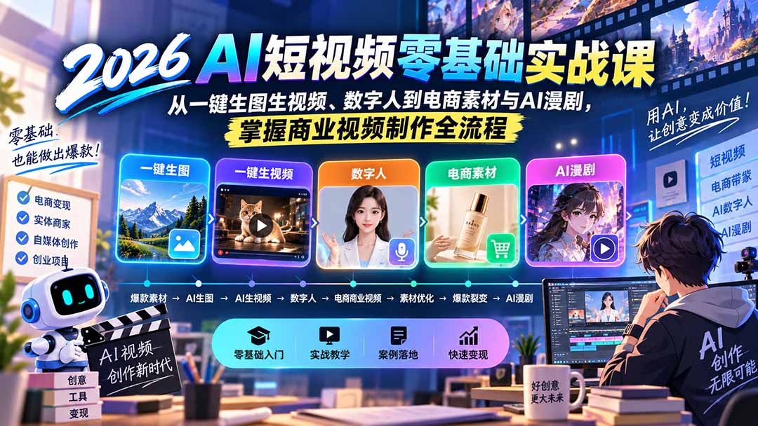 （20263期）2026AI短视频零基础实战课：从一键生图生视频、数字人到电商素材与AI漫剧，掌握商业视频制作全流程-九节课