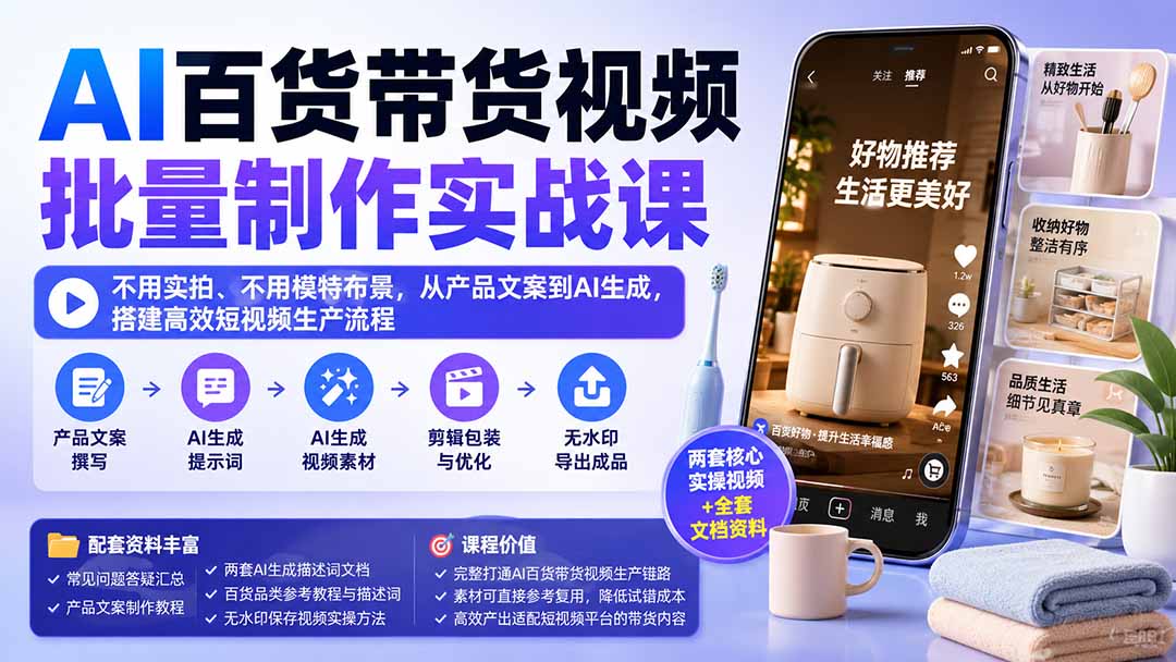 （20179期）AI百货带货视频批量制作实战课：不用实拍、不用模特布景，从产品文案到AI生成，搭建高效短视频生产流程-九节课