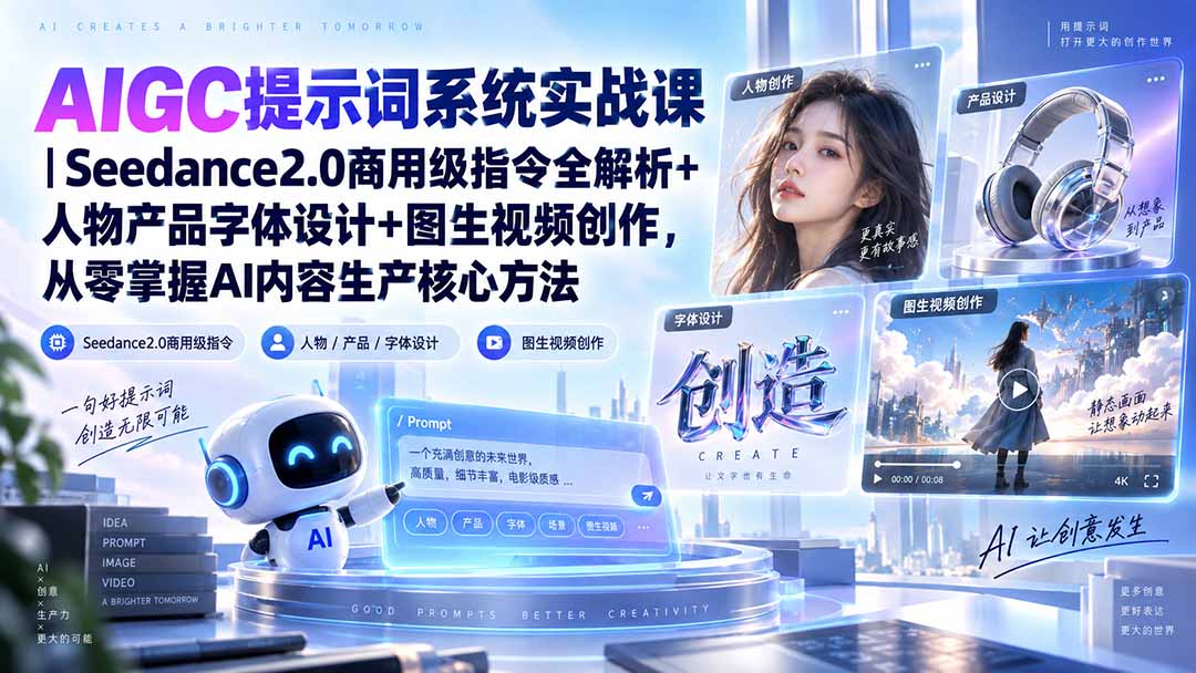 （20559期）AIGC提示词系统实战课-无水印｜Seedance2.0商用级指令全解析+人物产品字体设计+图生视频创作，掌握AI内容生产方法-九节课