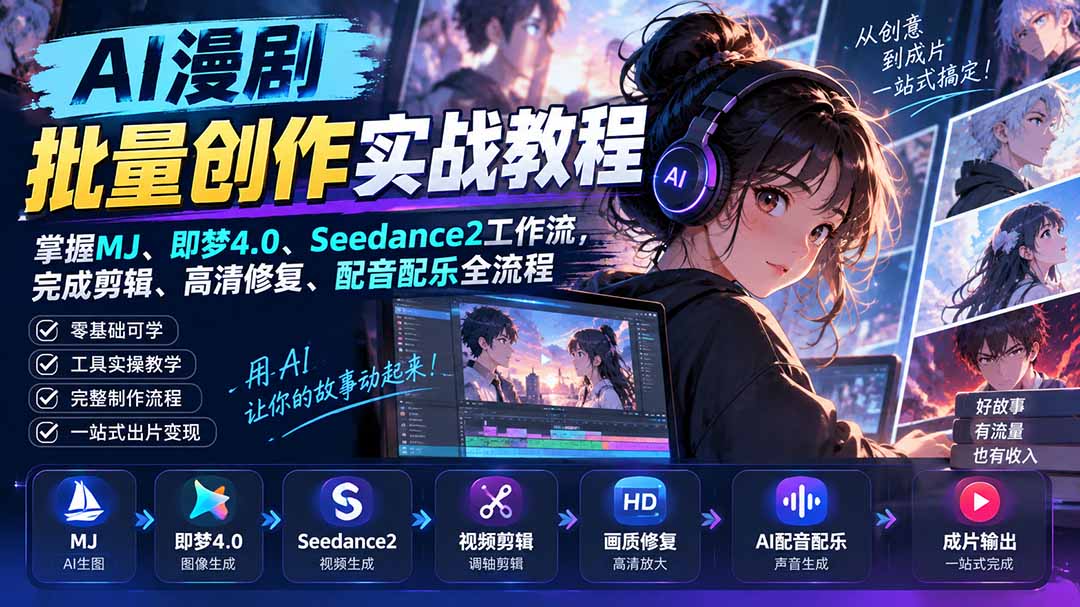 （20488期）AI漫剧批量创作实战教程：掌握MJ、即梦4.0、Seedance2工作流，完成剪辑、高清修复、配音配乐全流程-九节课