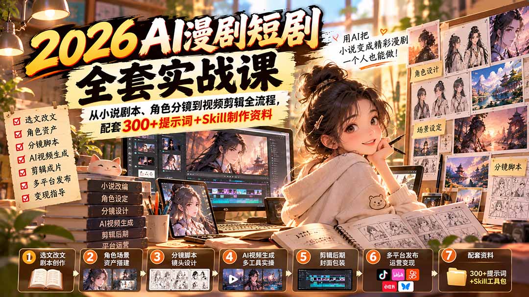 （20629期）2026AI漫剧短剧全套实战课：从小说剧本、角色分镜到视频剪辑全流程，配套300+提示词+Skill制作资料-九节课