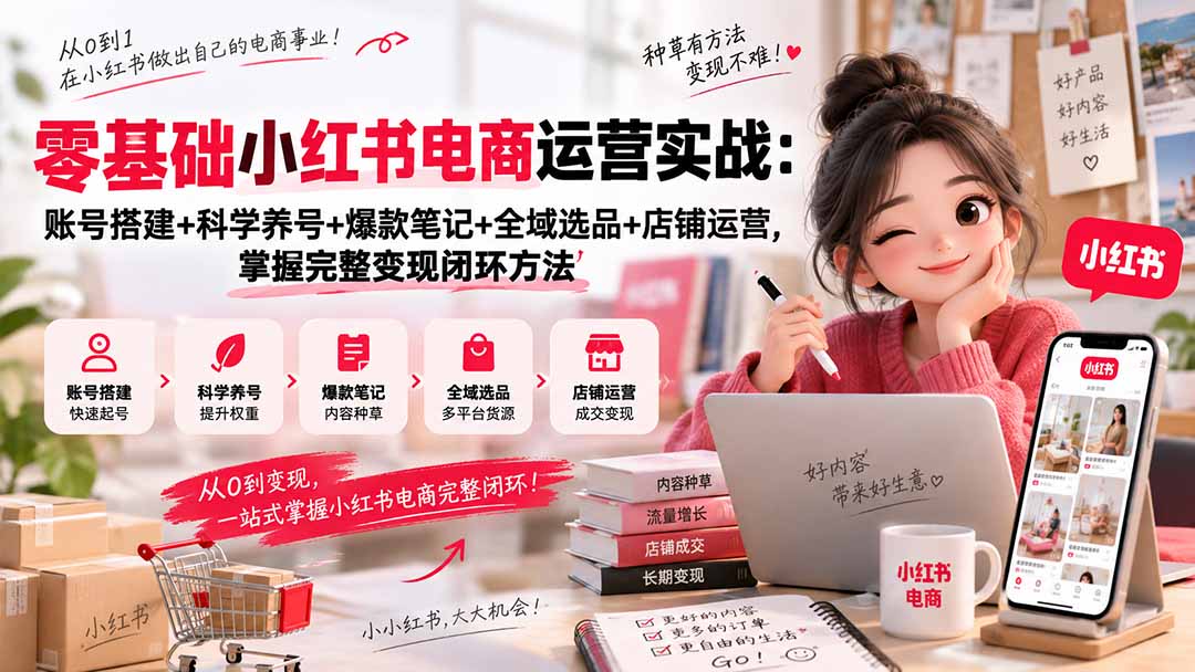 （20467期）零基础小红书电商运营实战：账号搭建+科学养号+爆款笔记+全域选品+店铺运营，掌握完整变现闭环方法-九节课