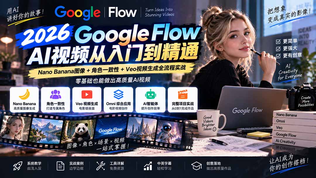 （20608期）【无水印】Google Flow AI视频从入门到精通：Nano Banana图像+角色一致性+Veo视频生成全流程实战-精翻中英字幕-九节课