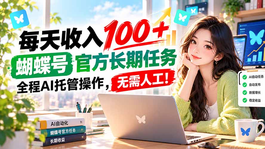 （20630期）每天收入100＋， 蝴蝶号官方长期任务， 全程ai托管操作，无需人工！-九节课