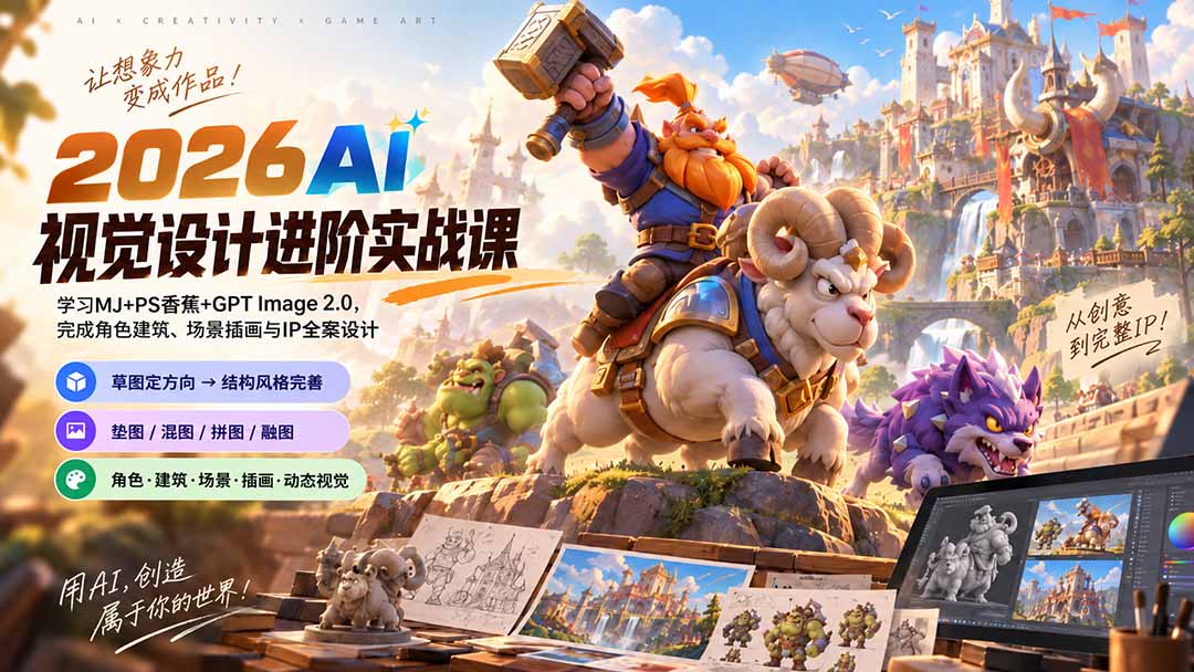 （20425期）2026AI视觉设计进阶实战课-更新：学习MJ+PS香蕉+GPT Image 2.0，完成角色建筑、场景插画与IP全案设计-九节课