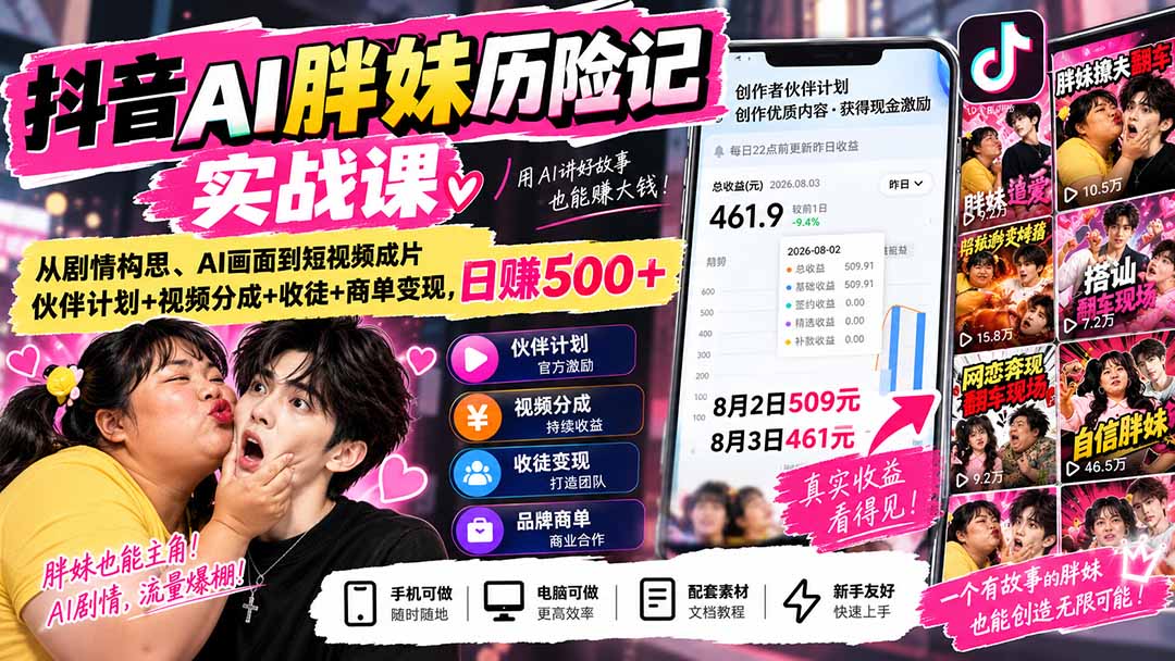 （20489期）抖音AI胖妹历险记实战课：从剧情构思、AI画面到短视频成片，伙伴计划+视频分成+收徒+商单变现，日赚500+-九节课