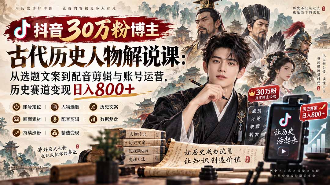 （20441期）抖音30万粉博主古代历史人物解说课：从选题文案到配音剪辑与账号运营，历史赛道变现日入800+-九节课