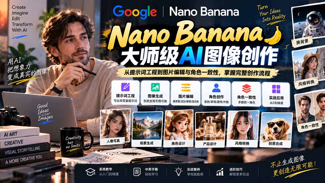 （20609期）【无水印】Nano Banana大师级AI图像实战课：从提示词工程到图片编辑与角色一致性，掌握完整创作流程-九节课