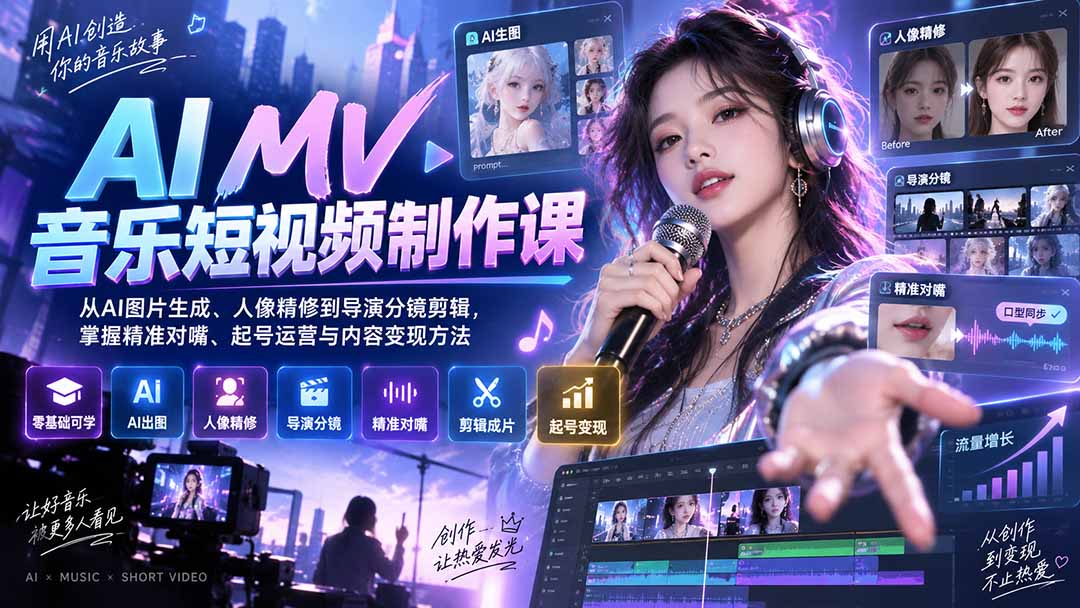 （20364期）AI MV音乐短视频制作课：从AI图片生成、人像精修到导演分镜剪辑，掌握精准对嘴、起号运营与内容变现方法-九节课