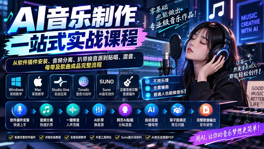 （20490期）AI音乐制作一站式实战课程：从软件插件安装、音频分离、扒带换音源到贴唱、混音、母带及歌曲成品完整流程-九节课