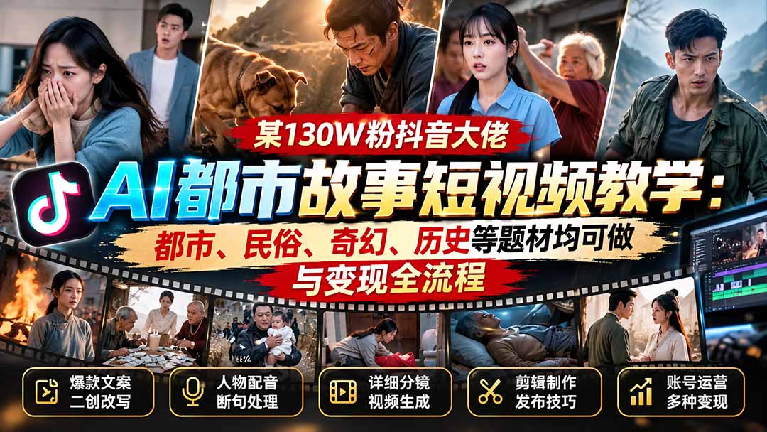 （20692期）某130W粉抖音大佬AI都市故事短视频教学：都市、民俗、奇幻、历史等题材均可做与变现全流程-九节课