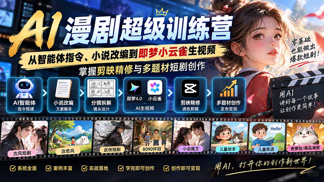 （20491期）AI漫剧超级特训营：从智能体指令、小说改编到即梦小云雀生视频，掌握剪映精修与多题材短剧创作-九节课
