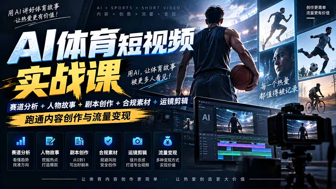 （20515期）AI体育短视频赛道顶级玩法｜赛道分析+人物故事+剧本创作+版权处理+运镜剪辑，跑通流量变现-日赚1K+-九节课