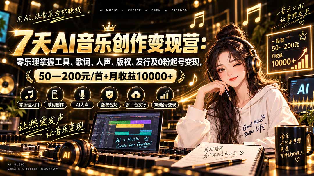 （20442期）AI音乐创作变现营：零乐理掌握工具、歌词、人声、版权、发行及0粉起号变现，50—200元/首+月收益10000+-九节课