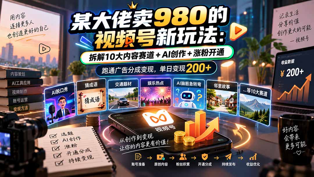 （20573期）某大佬卖980的视频号新玩法：拆解10大内容赛道+AI创作+涨粉开通，跑通广告分成变现，单日变现200+-九节课