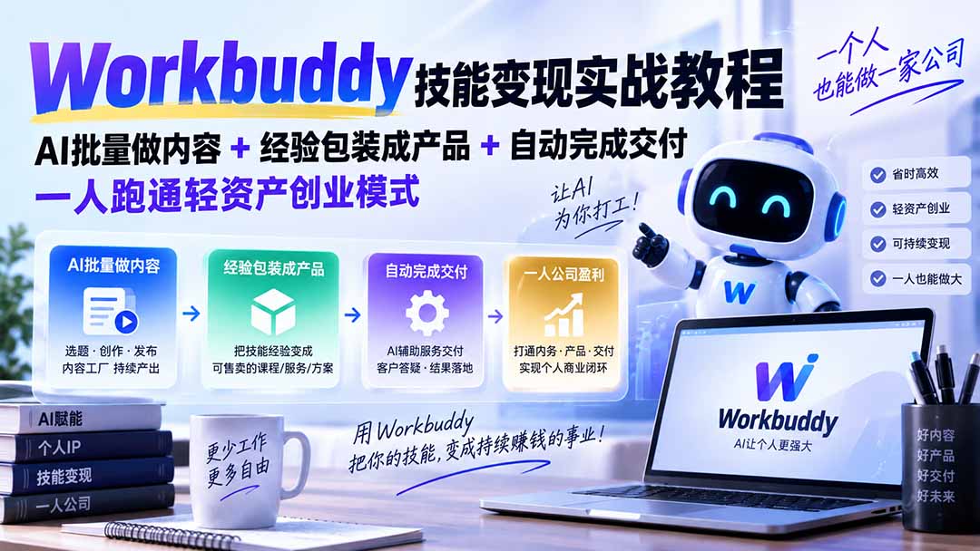 （20492期）Workbuddy技能变现实战教程：AI批量做内容+经验包装成产品+自动完成交付，一人跑通轻资产创业模式-九节课