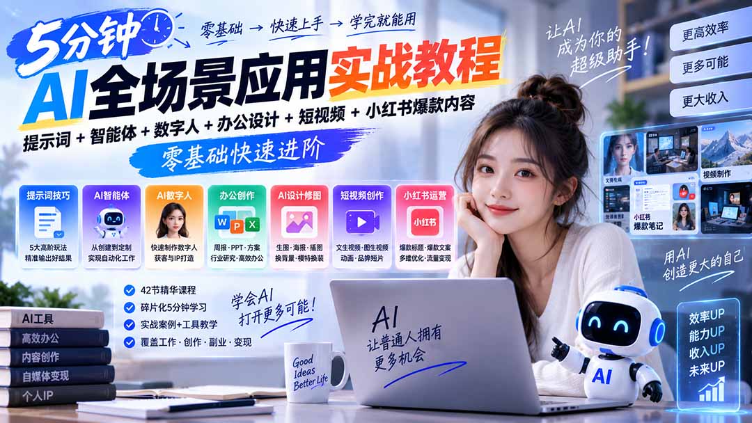 （20493期）AI全场景应用实战教程｜提示词+智能体+数字人+办公设计+短视频+小红书爆款内容，零基础快速进阶-九节课