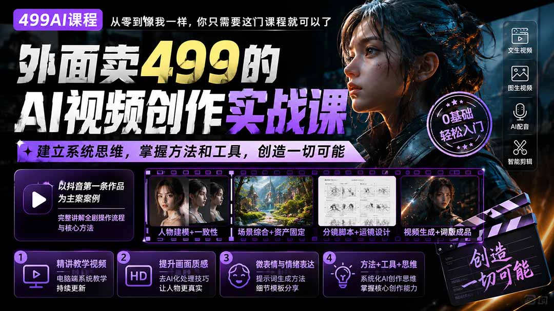 （20307期）外面卖499的AI视频创作实战课：建立系统思维，掌握方法和工具，创造一切可能。-九节课
