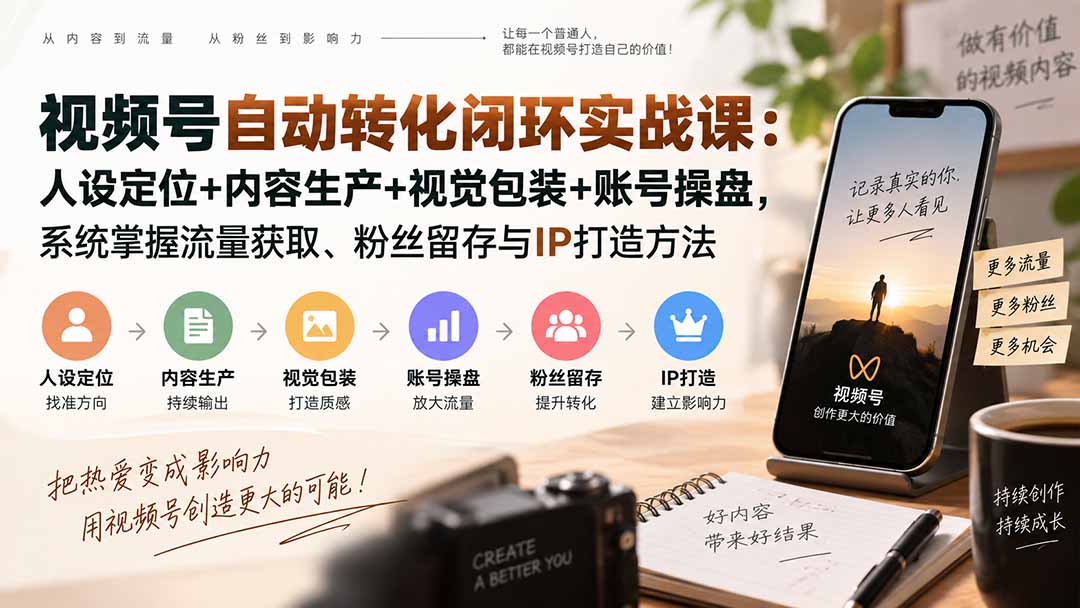（20327期）视频号自动转化闭环实战课：人设定位+内容生产+视觉包装+账号操盘，系统掌握流量获取、粉丝留存与IP打造方法-九节课