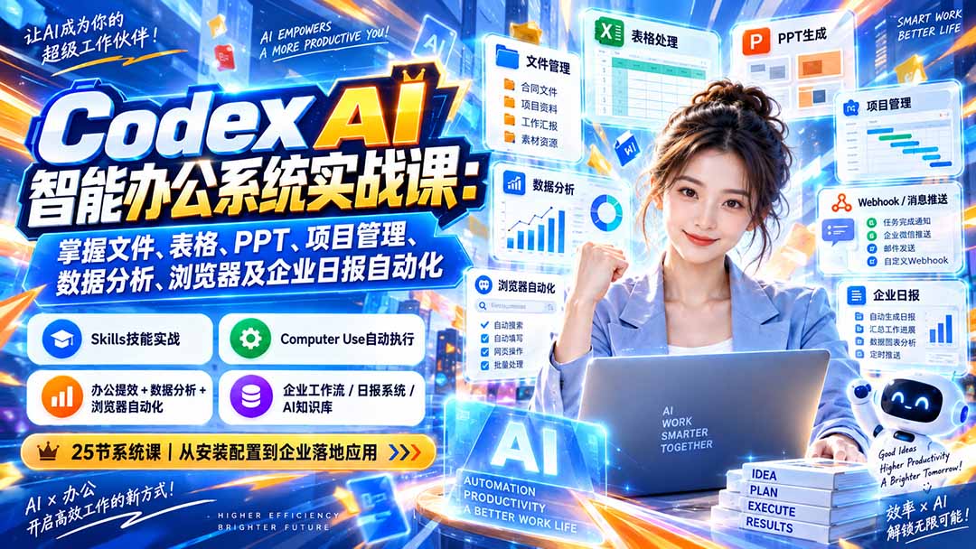 （20446期）Codex AI智能办公系统实战课：掌握文件、表格、PPT、项目管理、数据分析、浏览器及企业日报自动化-九节课