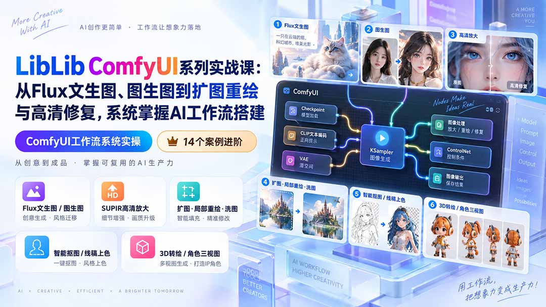 （20368期）LibLib ComfyUI系列实战课：从Flux文生图、图生图到扩图重绘与高清修复，系统掌握AI工作流搭建-九节课