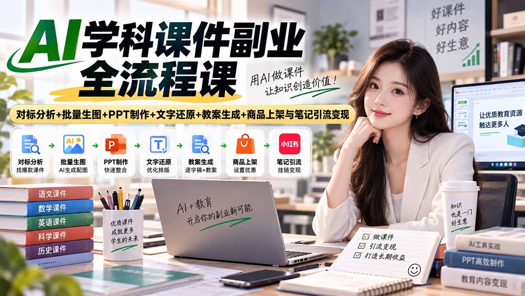 （20469期）AI学科课件副业全流程课｜对标分析+批量生图+PPT制作+文字还原+教案生成+商品上架与笔记引流变现-九节课