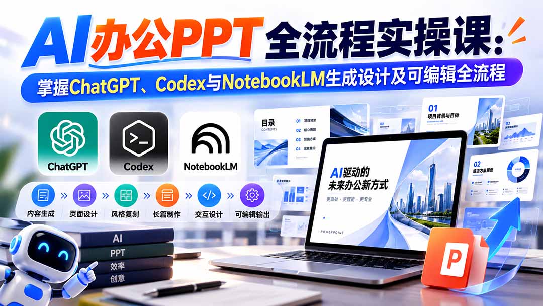 （20660期）【无水印】AI办公PPT全流程实操课： 掌握ChatGPT、Codex与NotebookLM生成设计及可编辑全流程-九节课
