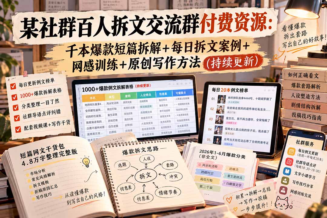 （20635期）某社群百人拆文交流群付费资源：千本爆款短篇拆解+每日拆文案例+网感训练+原创写作方法 (持续更新)-九节课