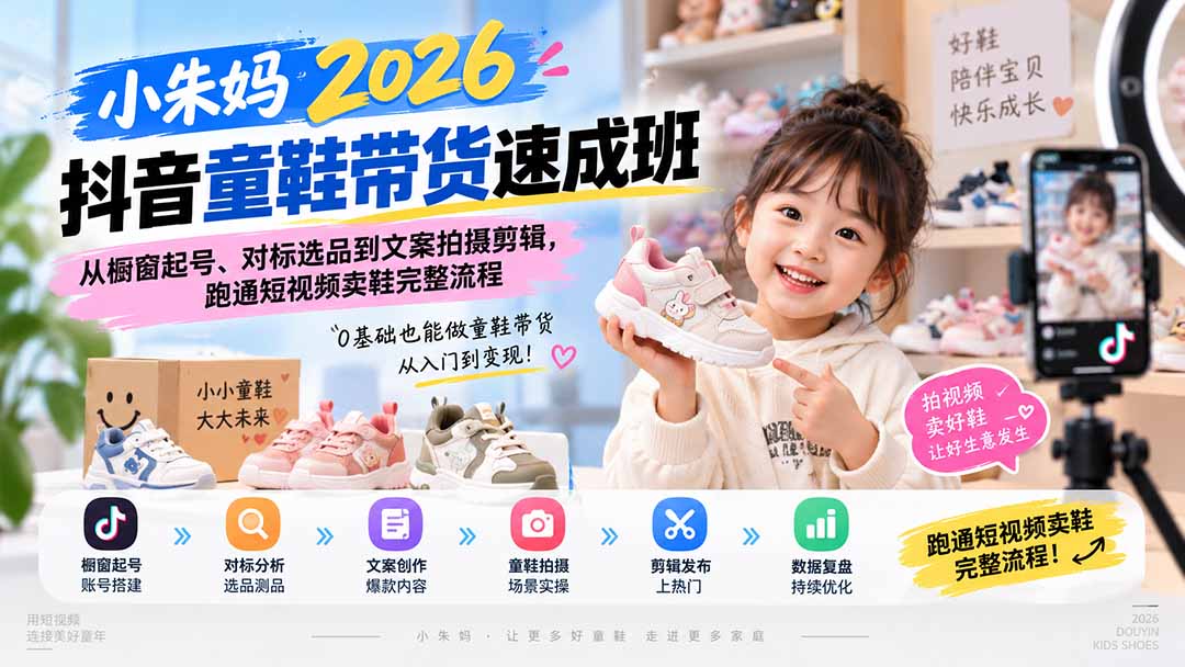 （20267期）小朱妈2026抖音童鞋带货速成班：从橱窗起号、对标选品到文案拍摄剪辑，跑通短视频卖鞋完整流程-九节课