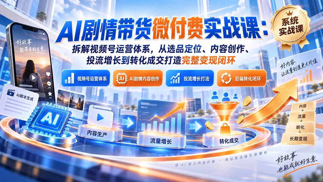 （20611期）AI剧情带货微付费实战课：拆解视频号运营体系，从选品定位、内容创作、投流增长到转化成交打造完整变现闭环-九节课