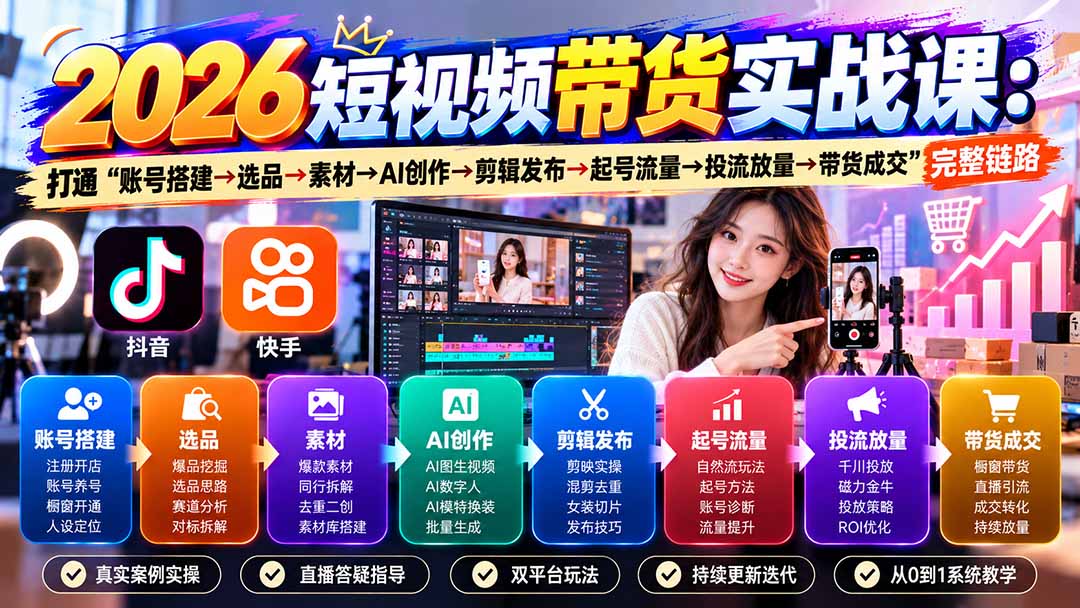 （20731期）2026短视频带货实战课9月：打通“账号搭建→选品→素材→AI创作→剪辑发布→起号流量→投流放量→带货成交”完整链路-九节课