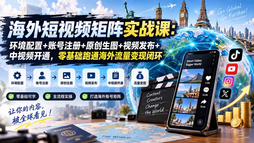 （20470期）海外短视频矩阵实战课：环境配置+账号注册+原创生图+视频发布+中视频开通，零基础跑通海外流量变现闭环-九节课