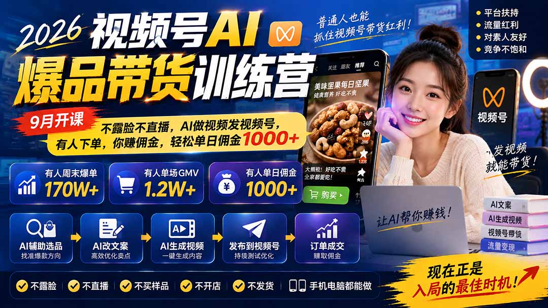 （20537期）2026视频号AI爆品带货训练营-9月开课｜不露脸不直播，AI做视频发视频号，有人下单，你赚佣金，轻松单日佣金1000+-九节课