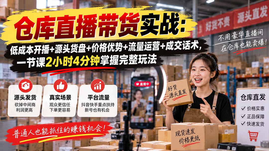 （20471期）仓库直播带货实战：低成本开播+源头货盘+价格优势+流量运营+成交话术，一节课2小时4分钟掌握完整玩法-九节课