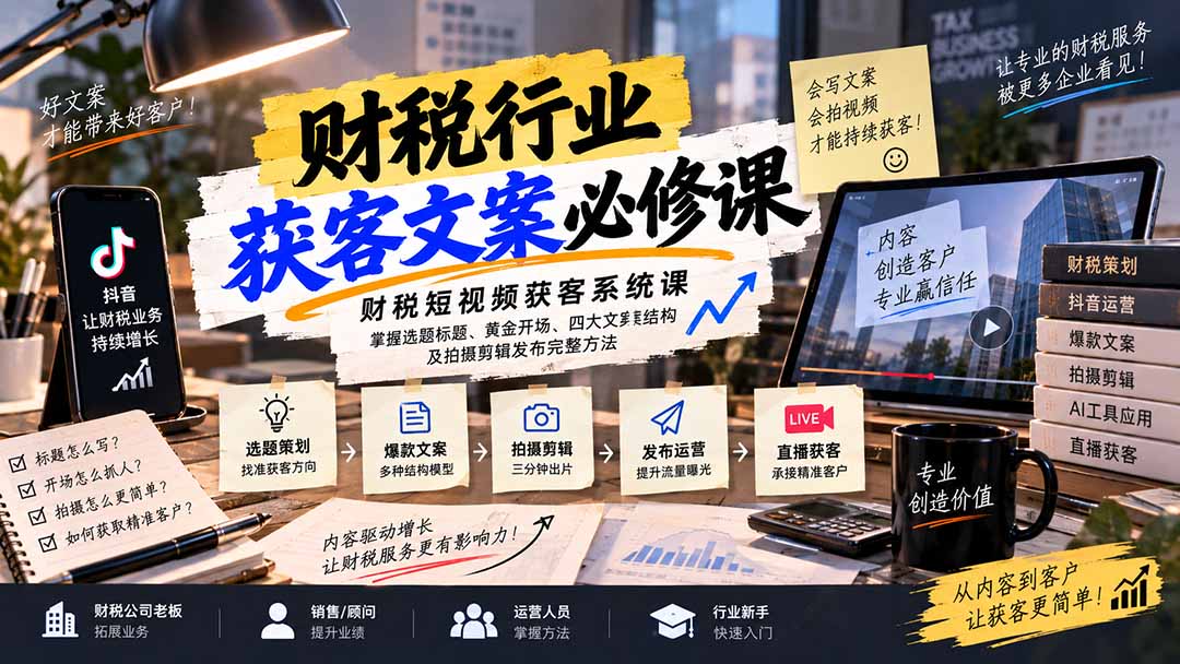 （20591期）财税短视频获客系统课：掌握选题标题、黄金开场、四大文案结构及拍摄剪辑发布完整方法-九节课